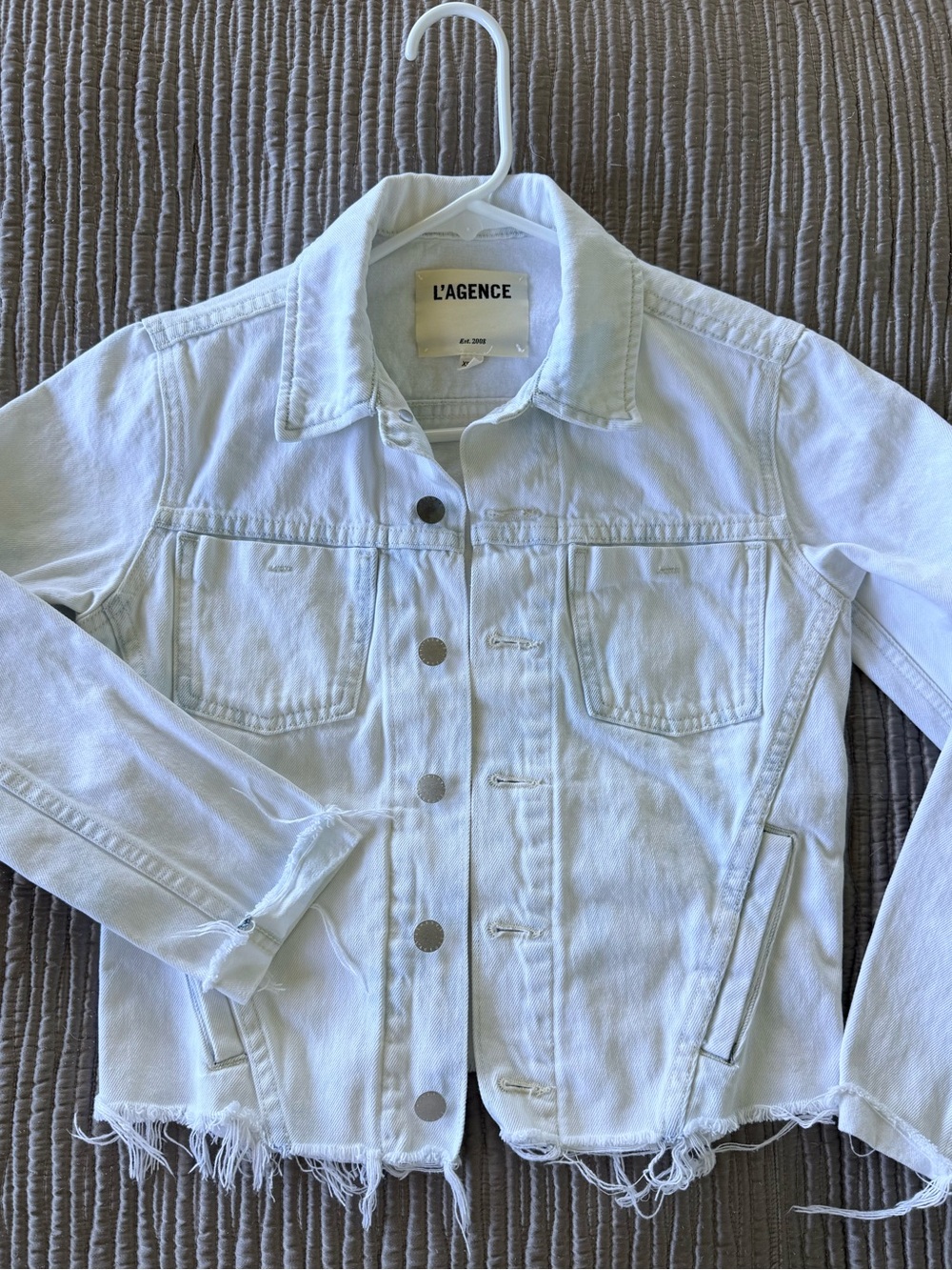 L'AGENCE Off-White / Light Blue Distressed Denim Jacket